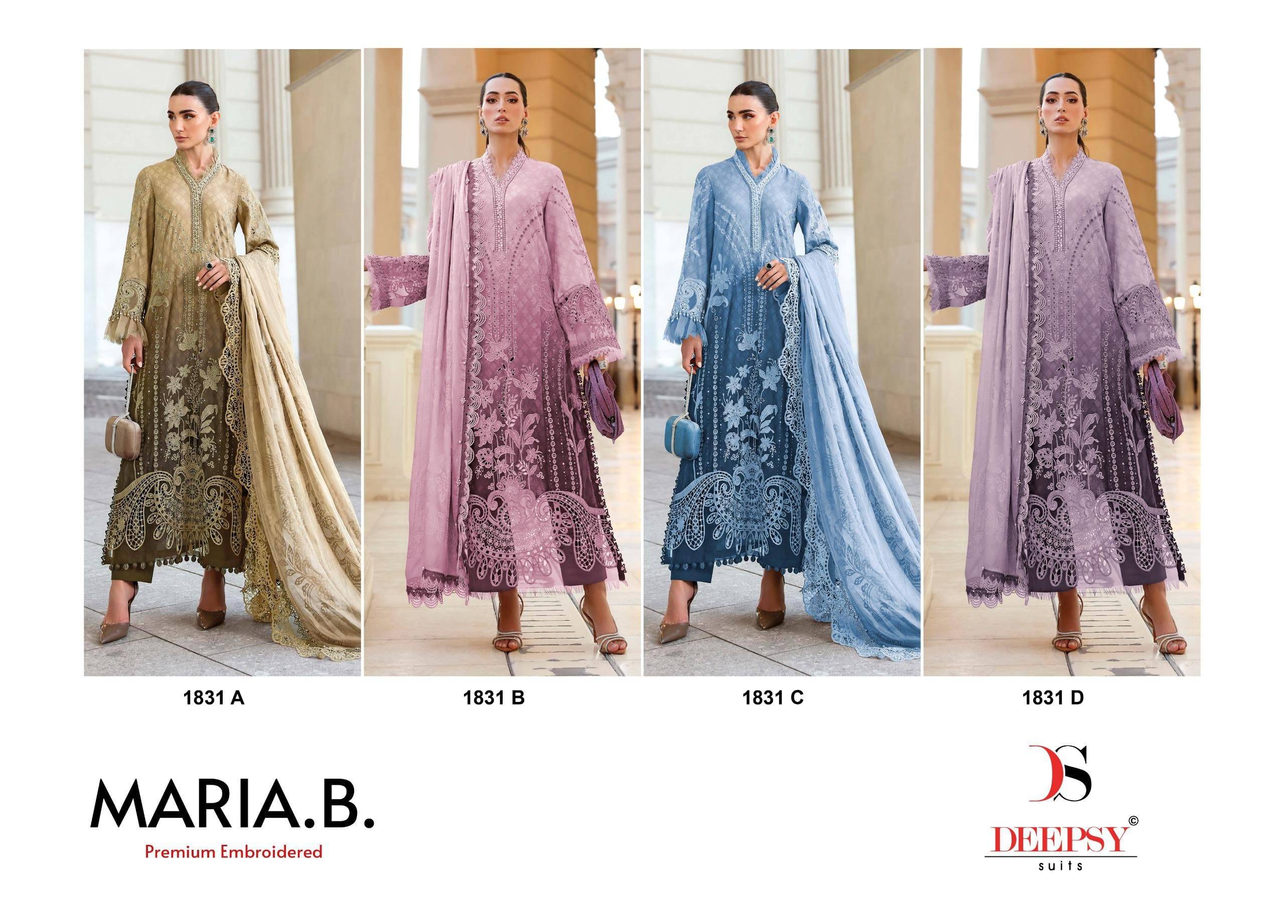 Maria B Premium Embroidered 1831 colors by DEEPSY SUITS 1831 A to 1831 D Series Pakistani Stylish Beautiful Colourful Printed & Embroidered Party Wear & Occasional Wear Pure Cotton Dresses At Wholesale Price